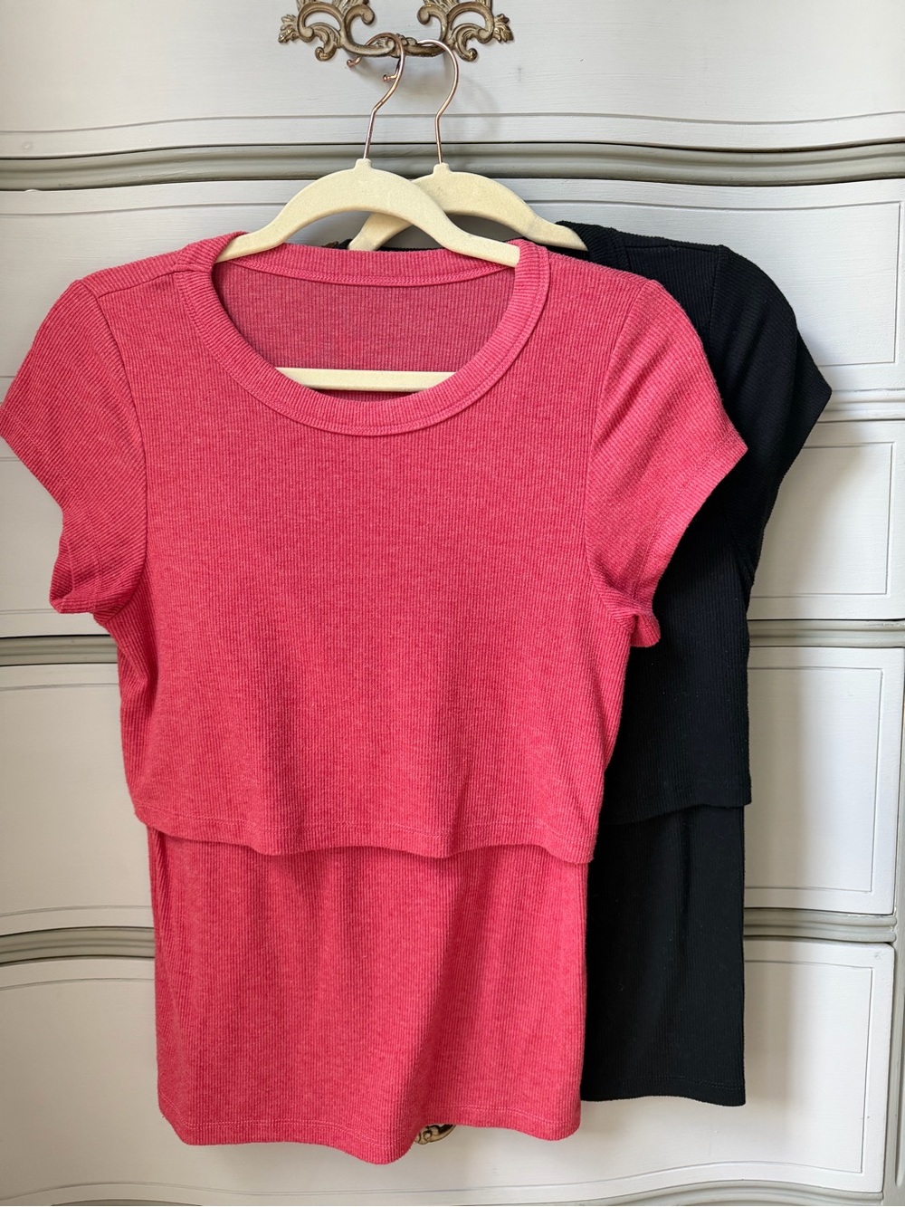 Latched Mama Ribbed Short-Sleeve Nursing Tees in Pink and Black